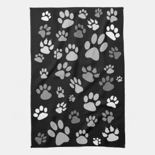 Cool Stylish Black & White Scattered Paw Prints Kitchen Towel