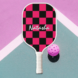 Cool Stylish Hot Pink Black Chequered Patterned Pickleball Paddle
