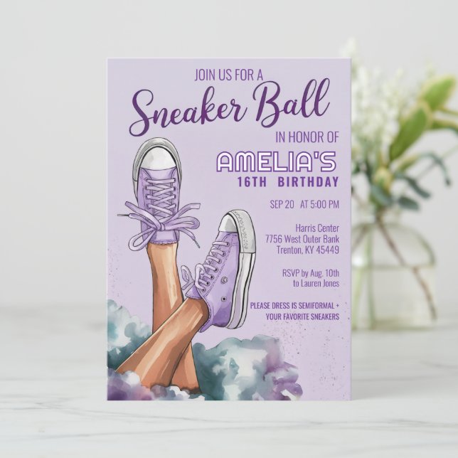 Cool Stylish Purple Birthday Sneaker Ball Party Invitation (Standing Front)