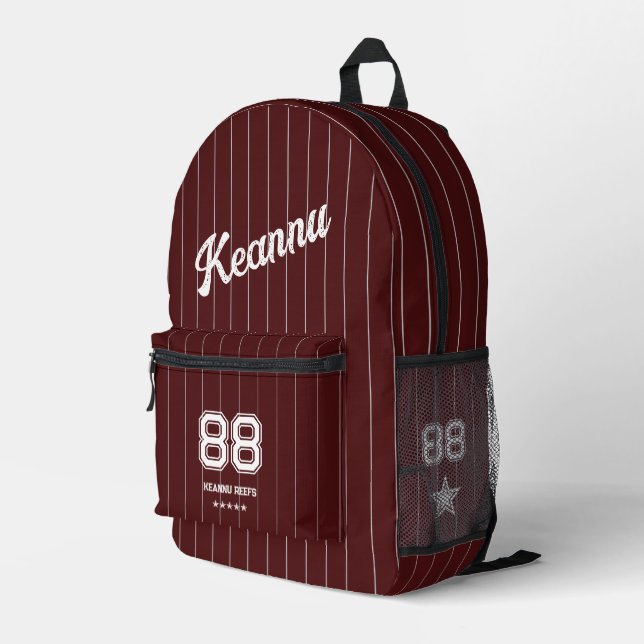 Cool Stylish Sporty Baseball Maroon Red Stripes Printed Backpack (Back Corner Right)