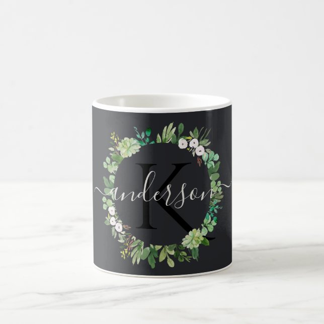 COOL SUCCULENT WREATH FOLIAGE WATERCOLOR MONOGRAM COFFEE MUG (Center)