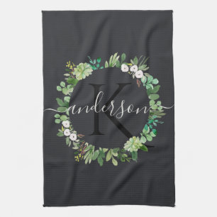 COOL SUCCULENT WREATH FOLIAGE WATERCOLOR MONOGRAM KITCHEN TOWEL