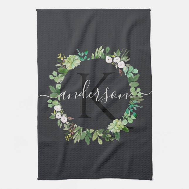 COOL SUCCULENT WREATH FOLIAGE WATERCOLOR MONOGRAM KITCHEN TOWEL (Vertical)