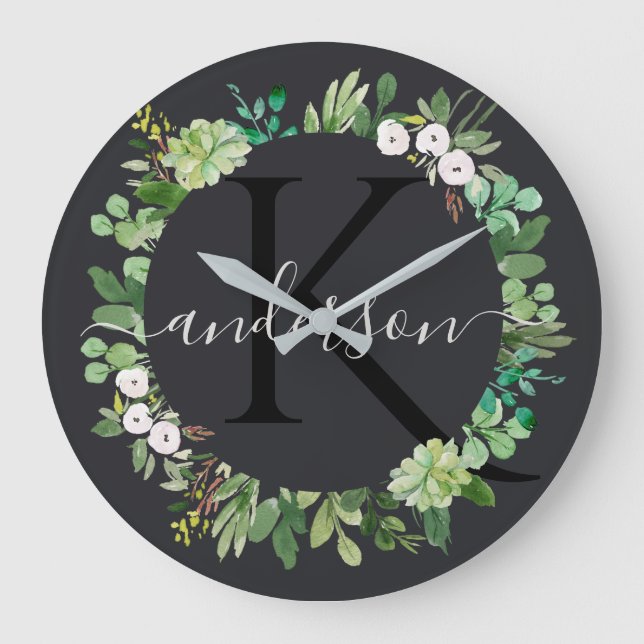 COOL SUCCULENT WREATH FOLIAGE WATERCOLOR MONOGRAM LARGE CLOCK (Front)