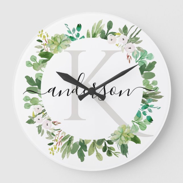 COOL SUCCULENT WREATH FOLIAGE WATERCOLOR MONOGRAM LARGE CLOCK (Front)