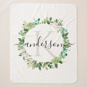 COOL SUCCULENT WREATH FOLIAGE WATERCOLOR MONOGRAM SHERPA BLANKET