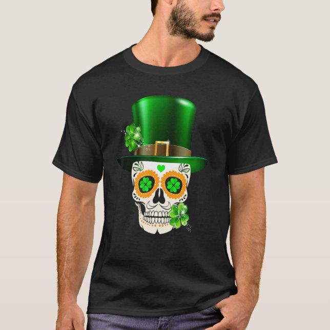 Cool Sugar Skull Saint Patrick's Day Shamrock Iris T-Shirt (Front)