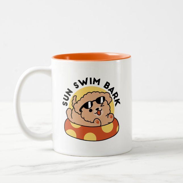 Cool Summer Dog Floating – Cute Puppy Pool Party Two-Tone Coffee Mug (Left)