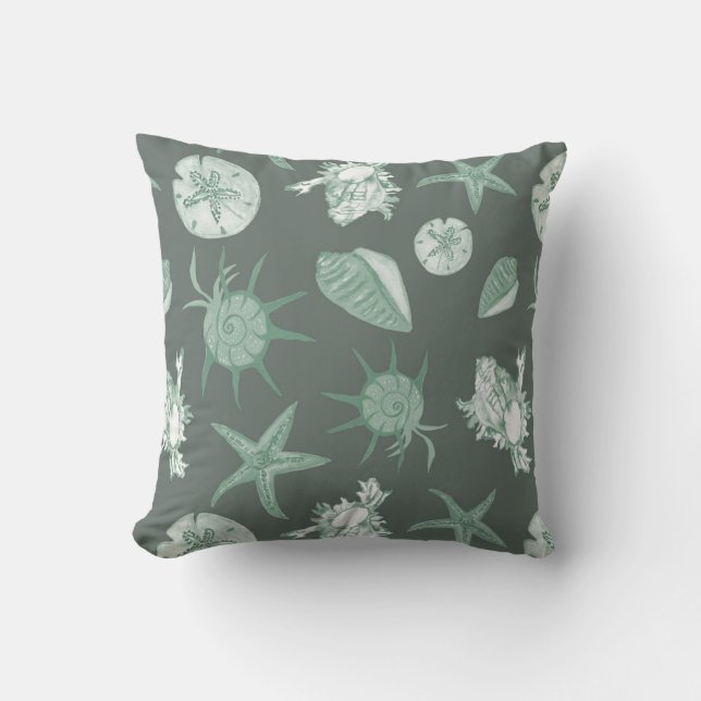 Cool Summer green seashells on medium green Throw Pillow (Front)