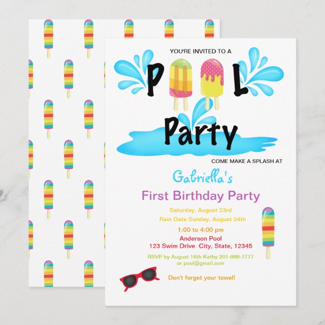 Cool Summer Sun Splash Pool Party First Birthday Invitation (Front/Back)