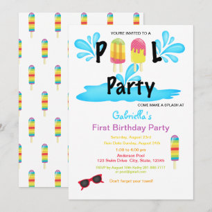Cool Summer Sun Splash Pool Party First Birthday Invitation