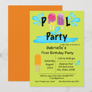 Cool Summer Sun Splash Pool Party First Birthday Invitation