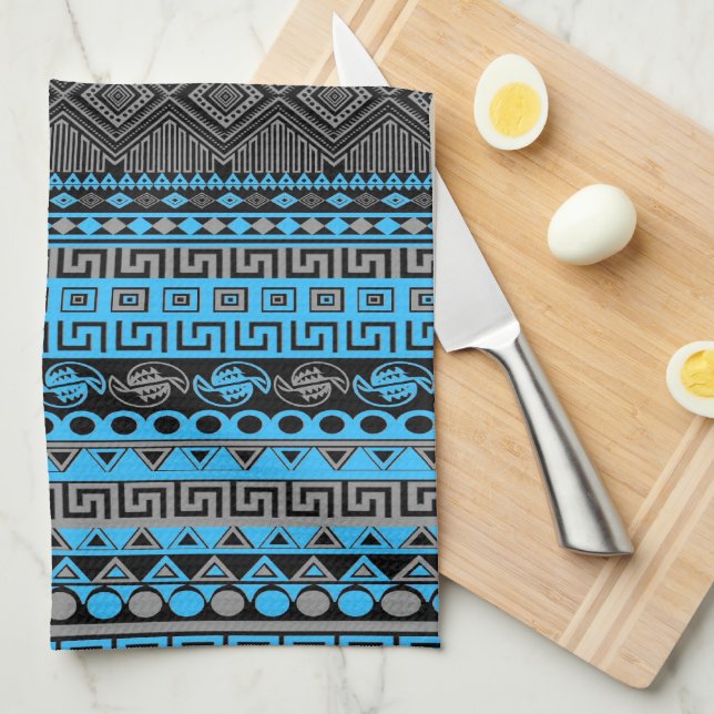 Cool summer trendy neon blue Aztec pattern Kitchen Towel (Quarter Fold)