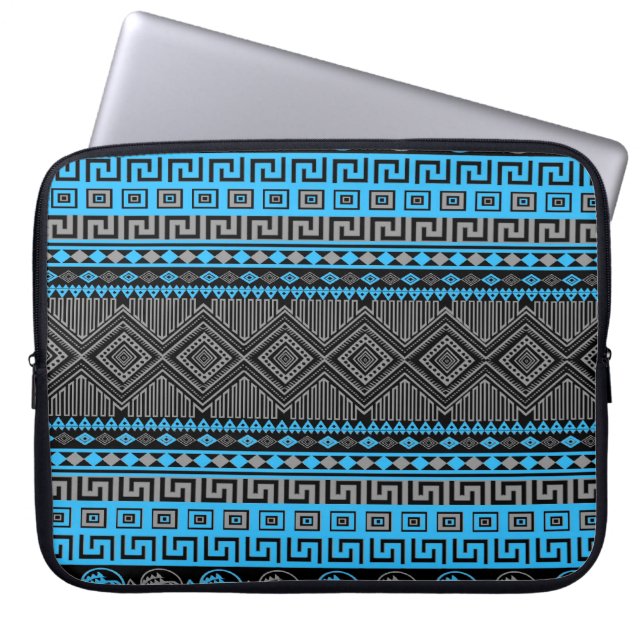 Cool summer trendy neon blue grey black Aztec Laptop Sleeve (Front)