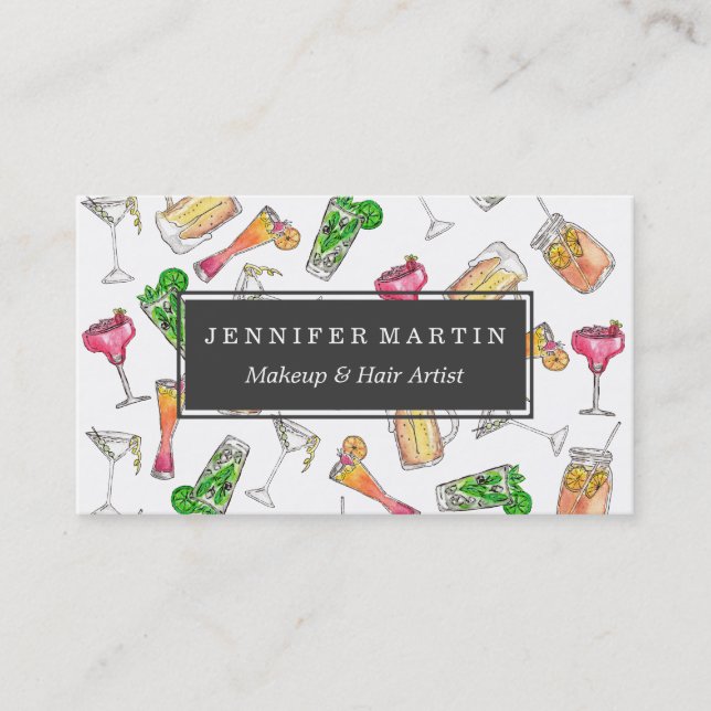 Cool Summer Watercolor Painted Mixed Drinks Patter Business Card (Front)