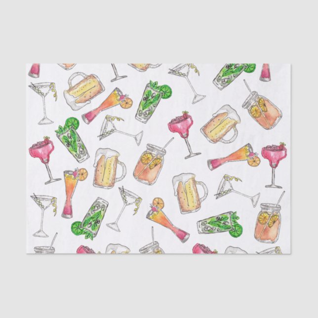 Cool Summer Watercolor Painted Mixed Drinks Patter Tissue Paper (Front)