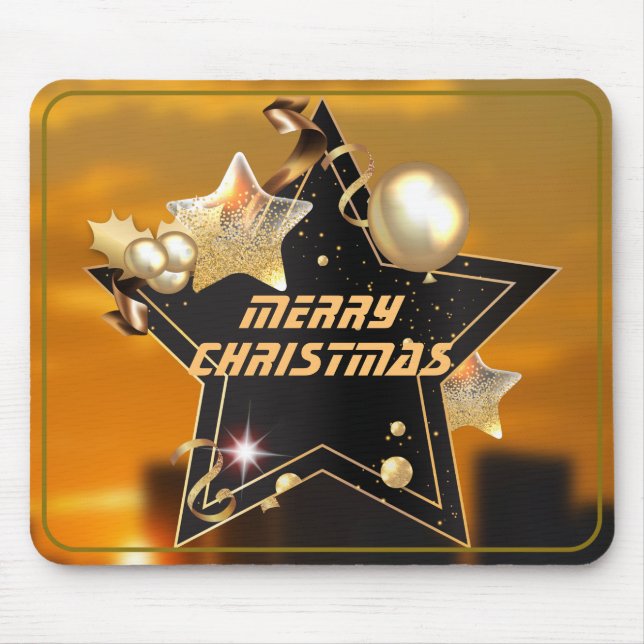 Cool Sunrise Black Gold Metallic Stars Christmas Mouse Pad (Front)