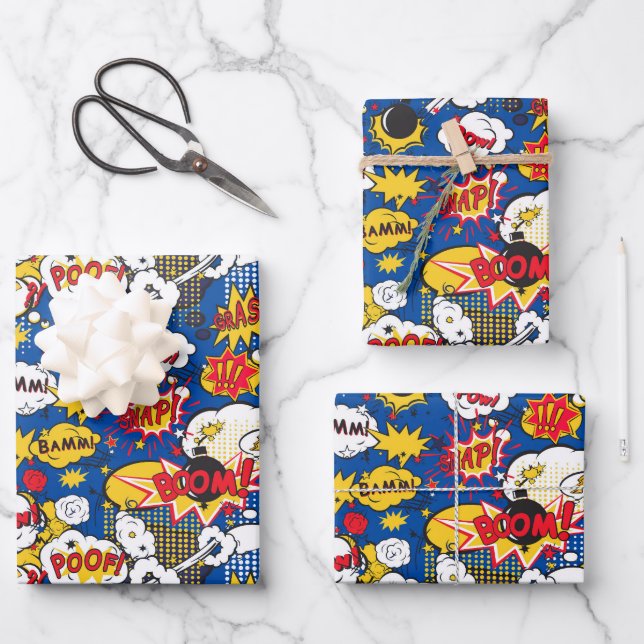 cool super hero word art tiled pattern  wrapping paper sheet (Front)