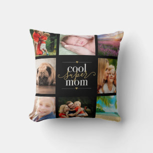 Cool Super Mom 8 Photo Collage Black And Gold Throw Pillow