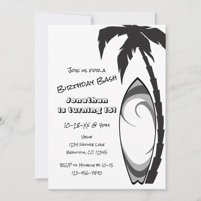 Cool Surfboard and Palm Tree Surfing Birthday Invitation (Front)