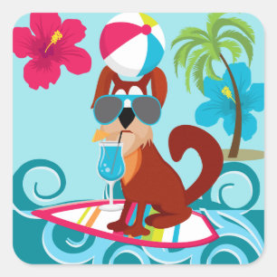 Cool Surfer Dog Surfboard Summer Beach Party Fun Square Sticker