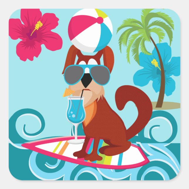 Cool Surfer Dog Surfboard Summer Beach Party Fun Square Sticker (Front)
