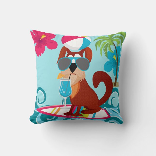 Cool Surfer Dog Surfboard Summer Beach Party Fun Throw Pillow (Front)
