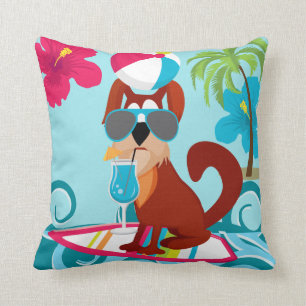 Cool Surfer Dog Surfboard Summer Beach Party Fun Throw Pillow