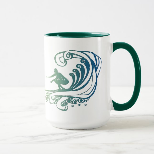 Cool Surfer Riding Teal Blue Ocean Waves Mug (Right)