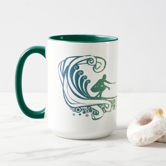 Cool Surfer Riding Teal Blue Ocean Waves Mug (With Donut)