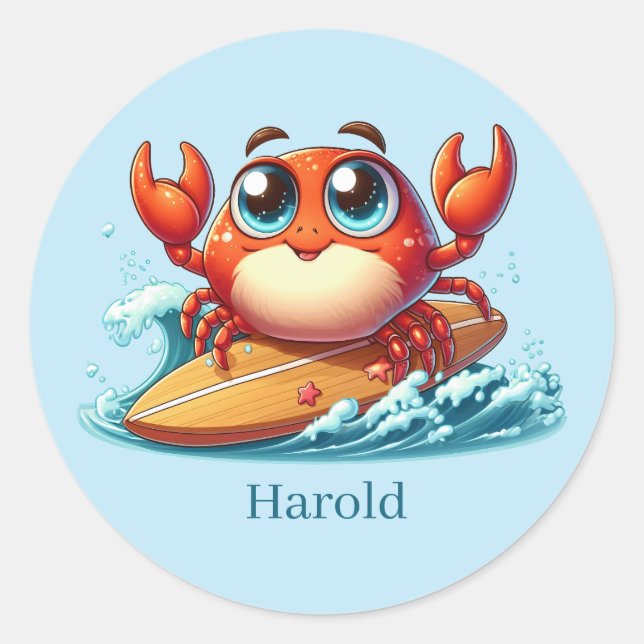 Cool surfing crab add name classic round sticker (Front)