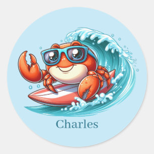 Cool surfing crab add name classic round sticker