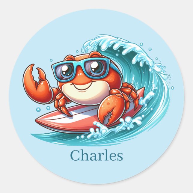 Cool surfing crab add name  classic round sticker (Front)