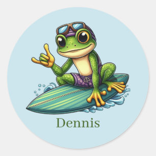 Cool surfing frog add name classic round sticker