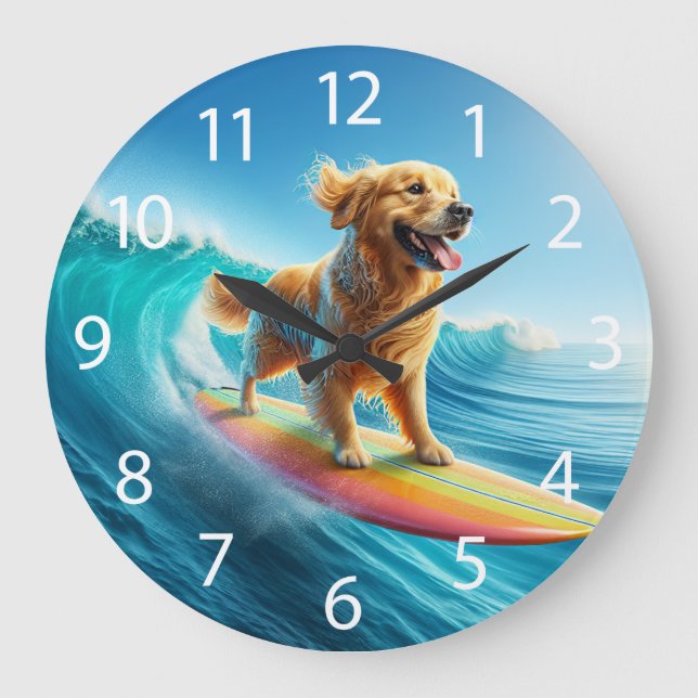 Cool Surfing Golden Retriever  Large Clock (Front)
