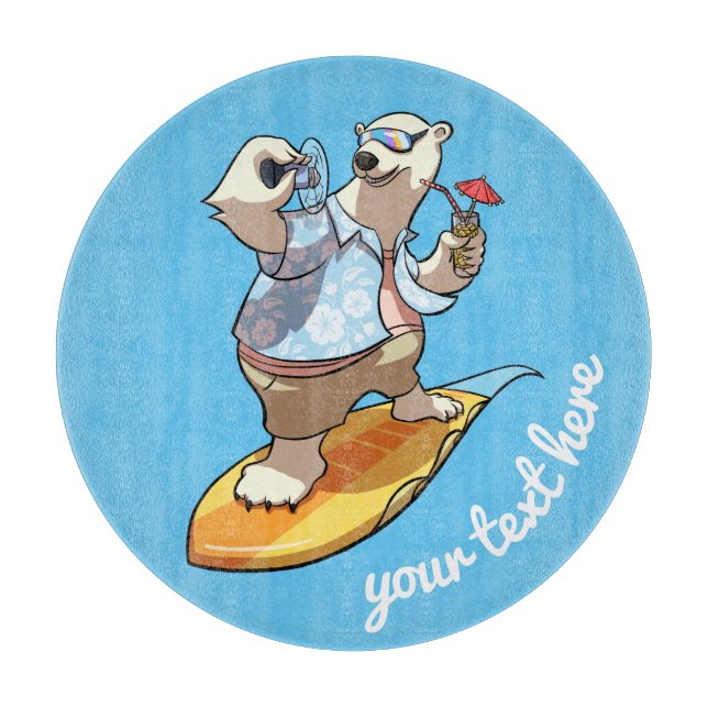 Cool Surfing Polar Bear with Cocktail Cartoon Cutting Board (Front)