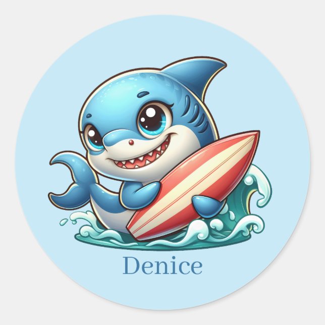 Cool surfing shark add name Classic Round Sticker (Front)