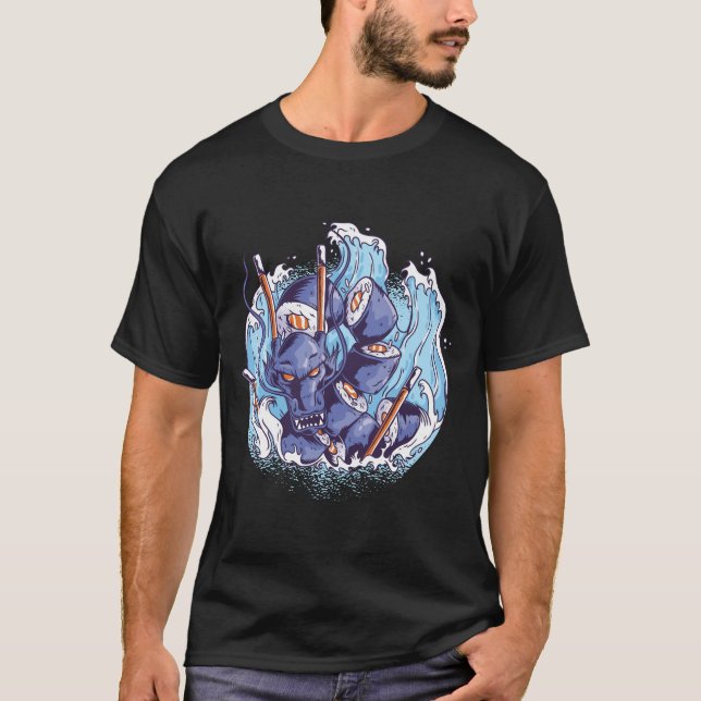 Cool SUSHI Dragon Graphics Japanese Food Manga T-Shirt (Front)