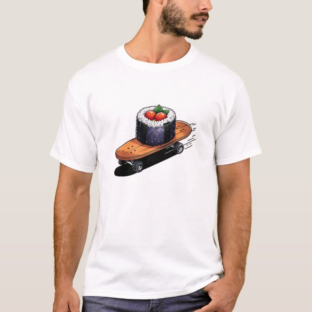 Cool Sushi on a Skateboard T-Shirt Design. (Front)