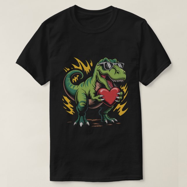 Cool T-Rex Dinosaur Valentine's Day Heart Sunglass T-Shirt (Design Front)