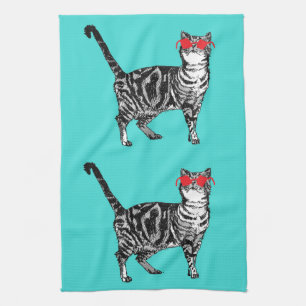 Cool Tabby Cat Sunglasses Aqua Kitchen Tea Towel