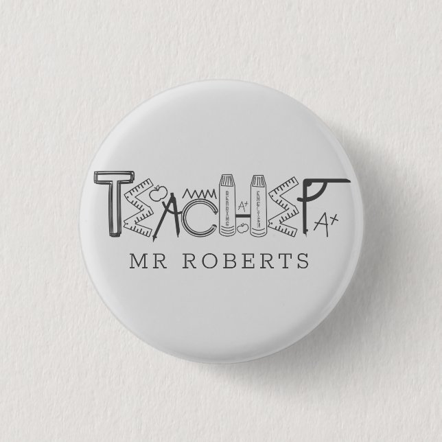 Cool teacher decorative script monogram 1 inch round button (Front)