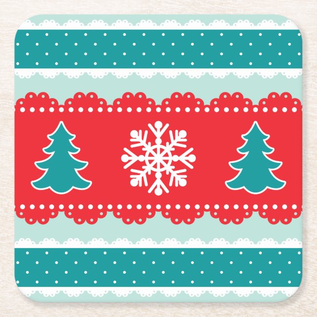 Cool Teal Blue Red Christmas Pattern Square Paper Coaster (Front)