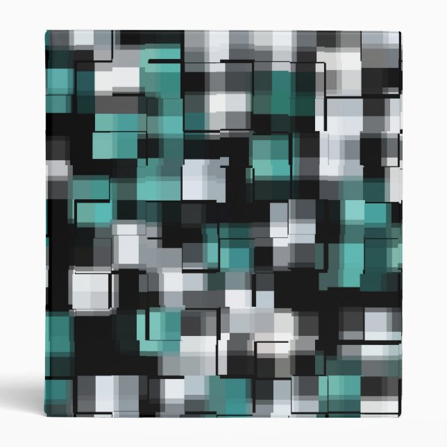 COOL Teal Green Blue Black White Abstract Plaid Binder (Front)