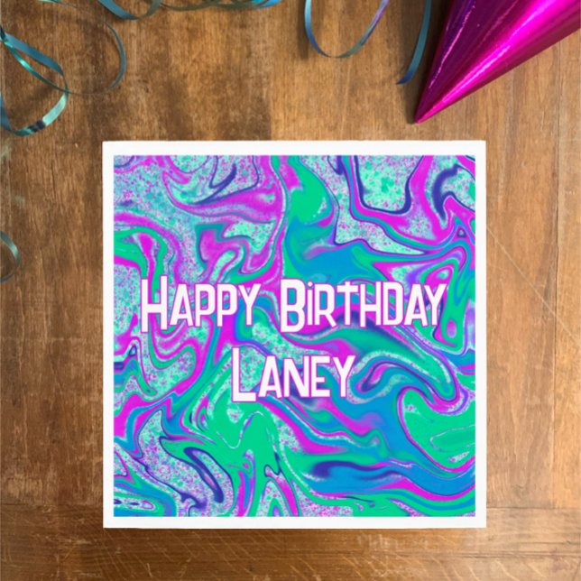 Cool Teal Purple Glitter Custom Birthday Party Napkin (Vibrant color cool aqua n pink swirls give fun vibe for personalized Happy Birthday party napkins.

)