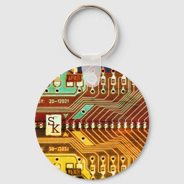   Cool Teal Yellow Unique Retro Steampunk Monogram Keychain (Front)