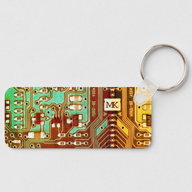   Cool Teal Yellow Unique Retro Steampunk Monogram Keychain (Front)