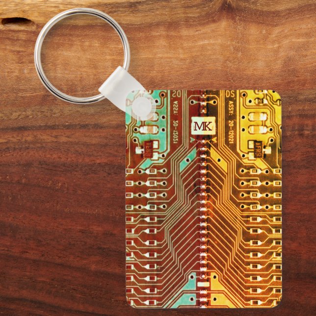   Cool Teal Yellow Unique Retro Steampunk Monogram Keychain (Front)