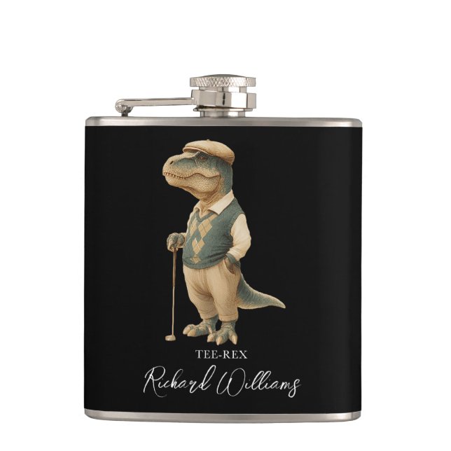 Cool Tee-Rex Golfer Dinosaur Signature Name Hip Flask (Front)