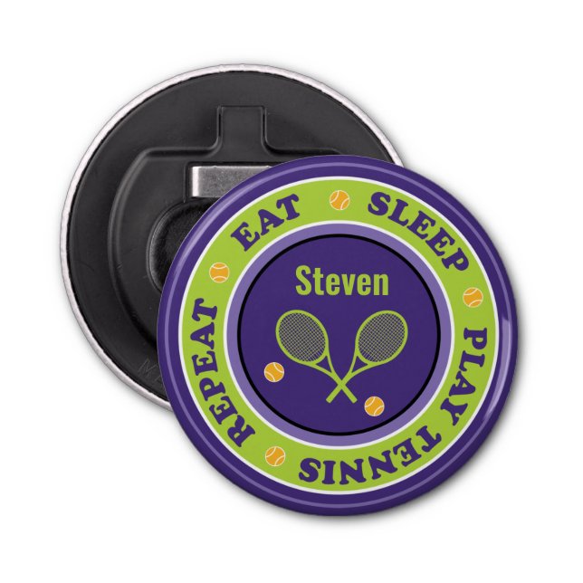 Cool tennis slogan, purple and green  bottle opener (Front)